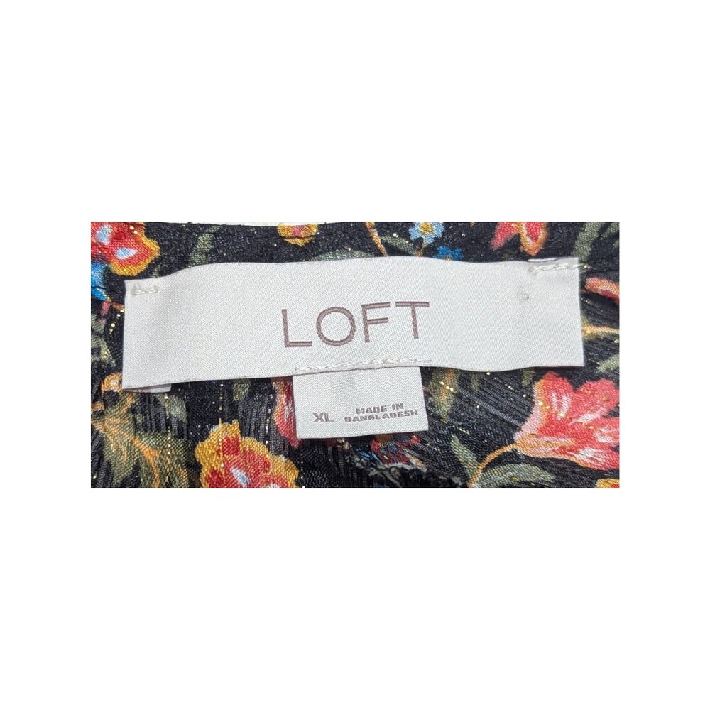 LOFT XL Black Floral Metallic Thread Tie Neck Boho Blouse Flowy Top - Picture 4 of 7